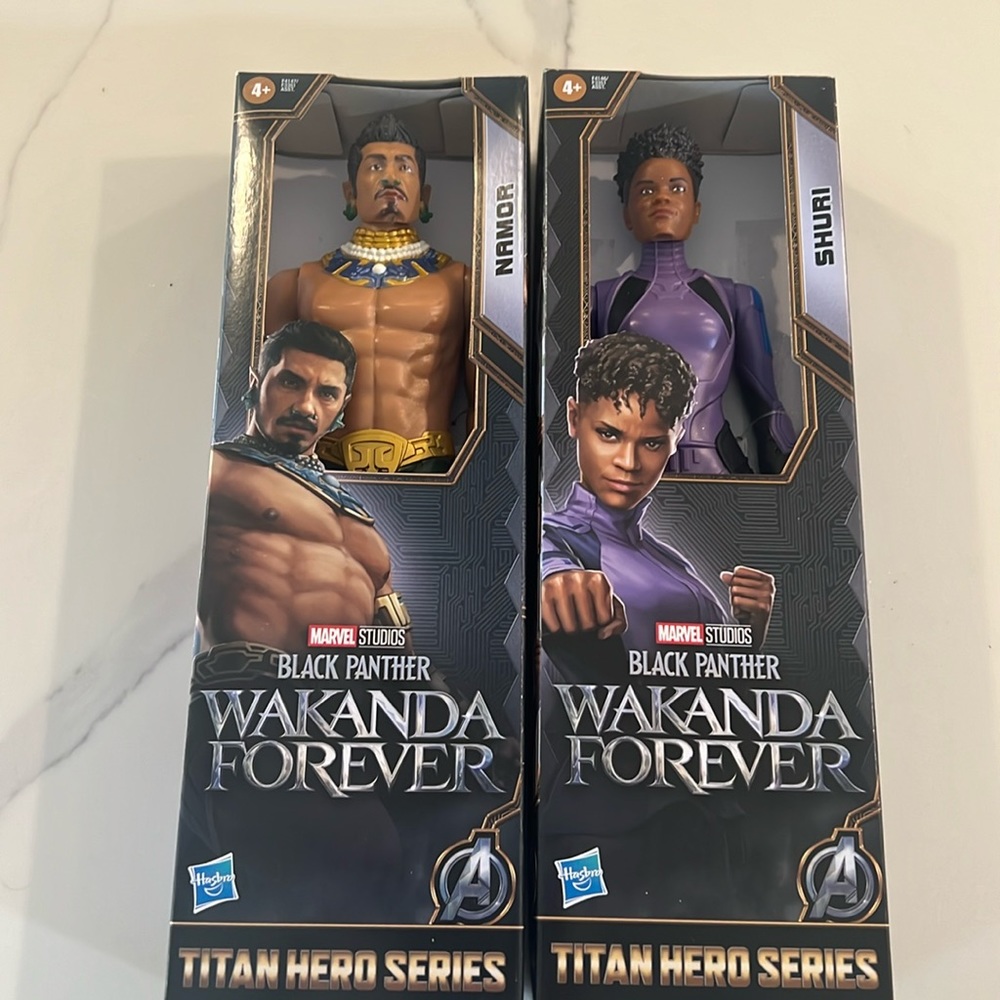 - Black panther Shuri and Namor figurines new in boxes.